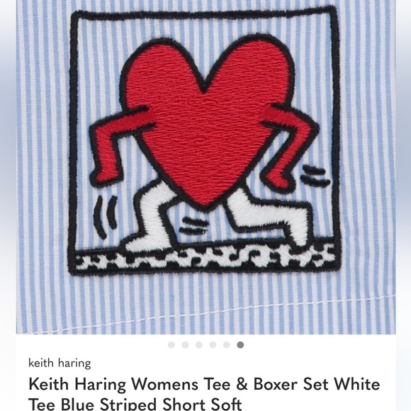 keith haring Pants - Keith Haring Women's Blue Striped Shorts with Red Heart Patch